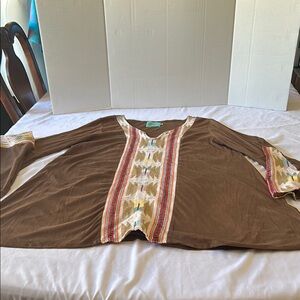 Judith March Brown Boho Embroidered Tunic Top – Flowy Long Sleeve Ethnic Detail